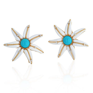 18K Yellow Gold Turquoise, White Agate Flower Starfish Earrings