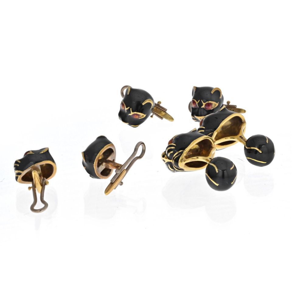 David Webb Yellow Gold Black Panther Mens Suit Set Cuff Links - The Back Vault