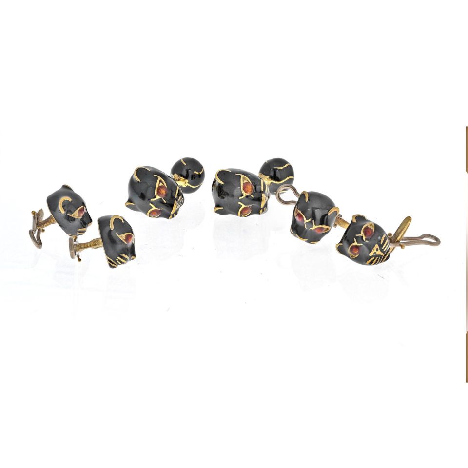 David Webb Yellow Gold Black Panther Mens Suit Set Cuff Links - The Back Vault