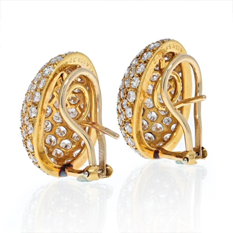 Van Cleef & Arpels 18K Yellow Gold Pave Round Diamond Cluster Earrings - The Back Vault