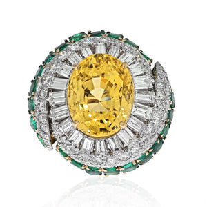 David Webb 18K Yellow Gold Oval Cut Yellow Sapphire, Diamond And Green Emerald Ring