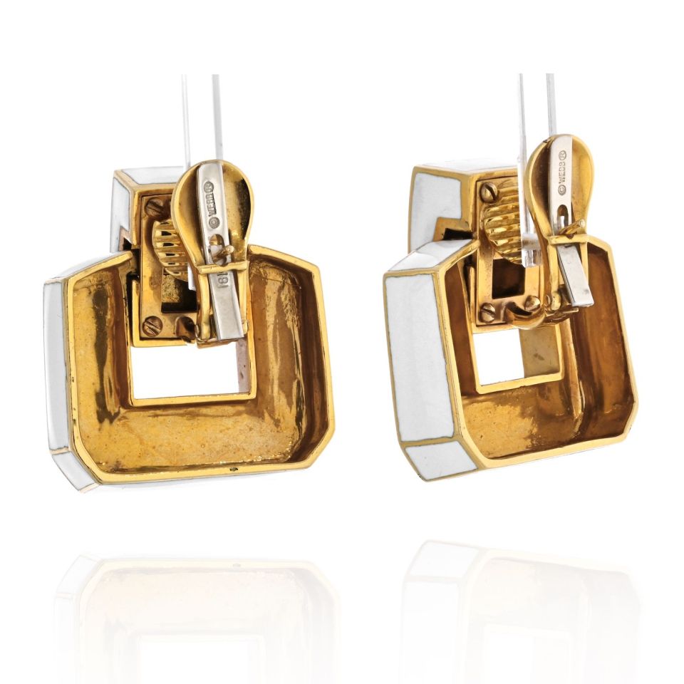 David Webb Platinum & 18K Yellow Gold White Enamel Short Door Knockers Earrings - The Back Vault