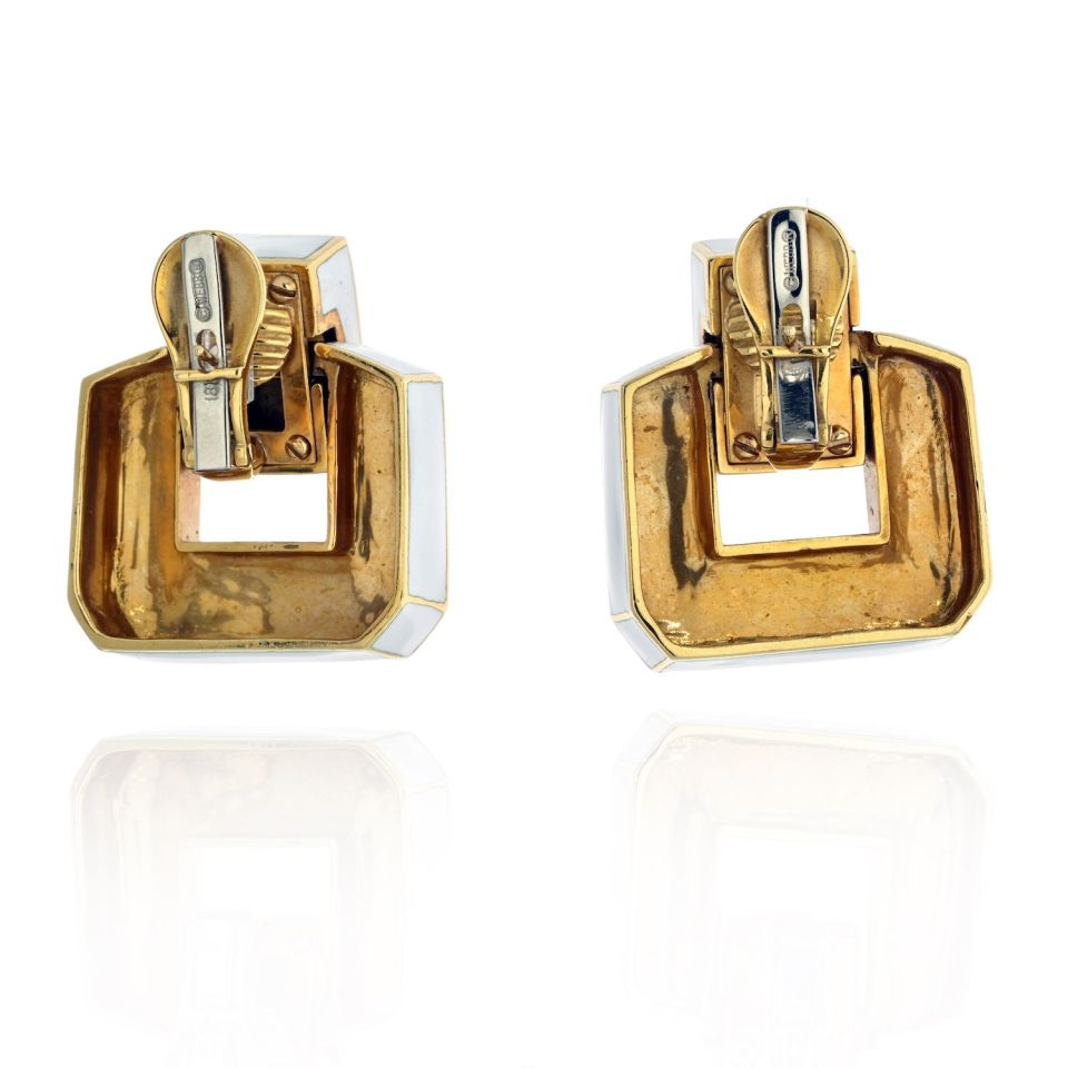 David Webb Platinum & 18K Yellow Gold White Enamel Short Door Knockers Earrings - The Back Vault