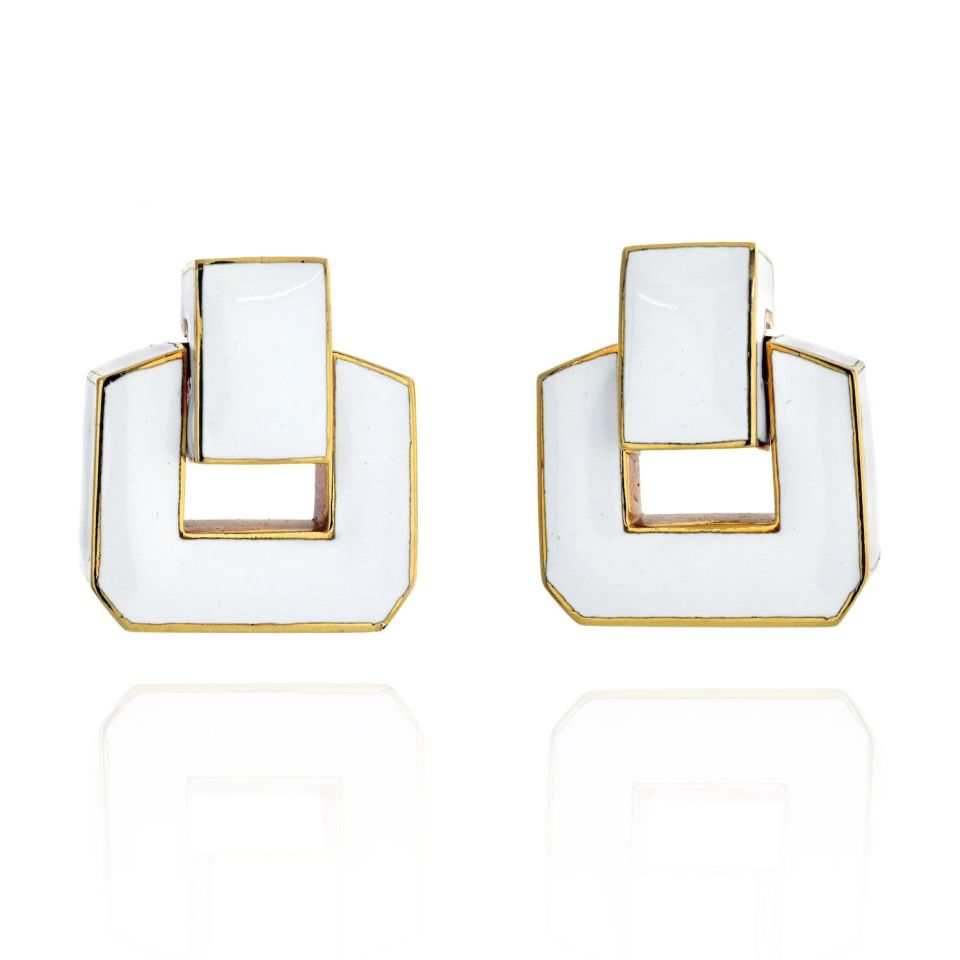 David Webb Platinum & 18K Yellow Gold White Enamel Short Door Knockers Earrings - The Back Vault