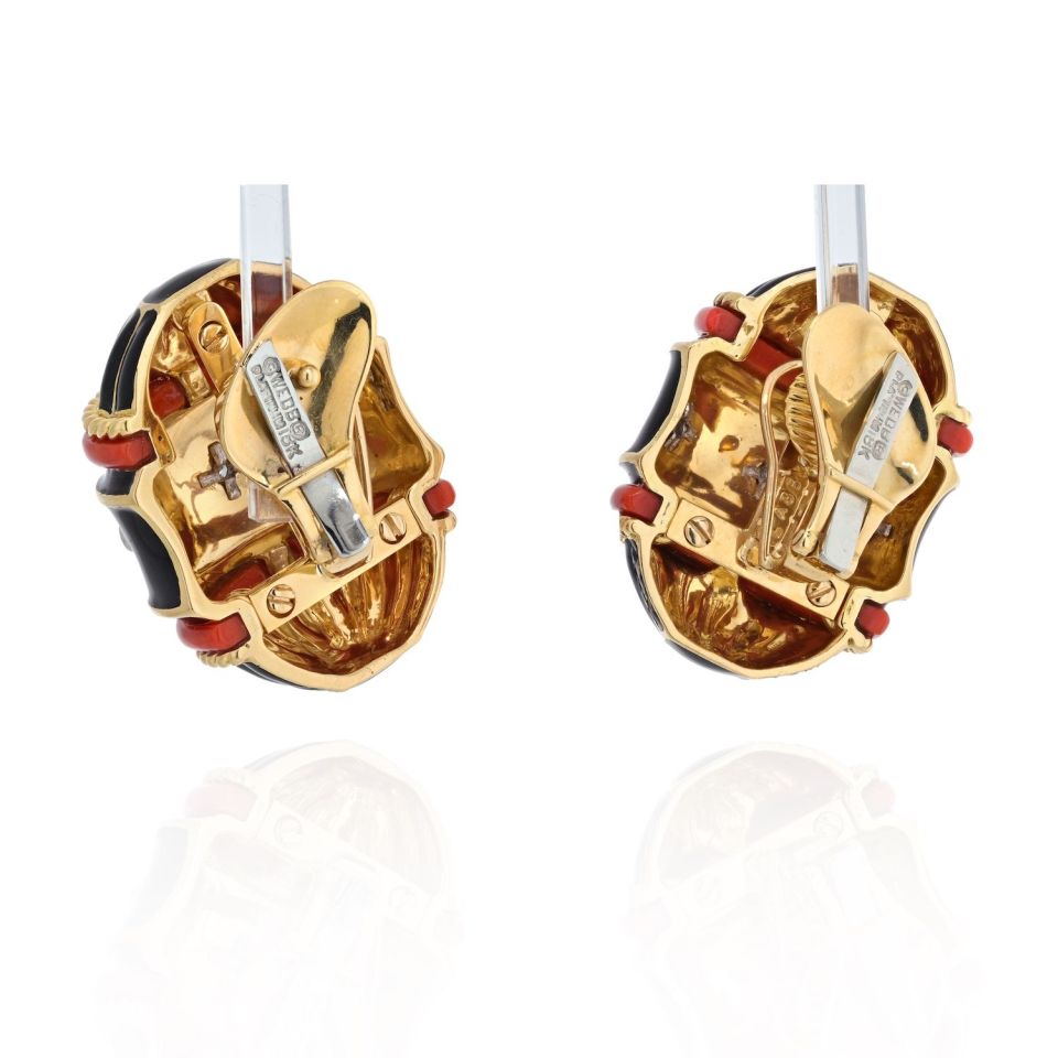 David Webb 18K Yellow Gold Black Enamel, Diamond And Coral Barrel Shaped Earrings - The Back Vault