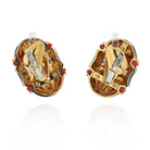 David Webb 18K Yellow Gold Black Enamel, Diamond And Coral Barrel Shaped Earrings - The Back Vault