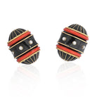 David Webb 18K Yellow Gold Black Enamel, Diamond And Coral Barrel Shaped Earrings - The Back Vault