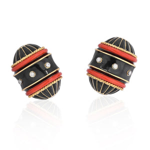 David Webb 18K Yellow Gold Black Enamel, Diamond And Coral Barrel Shaped Earrings