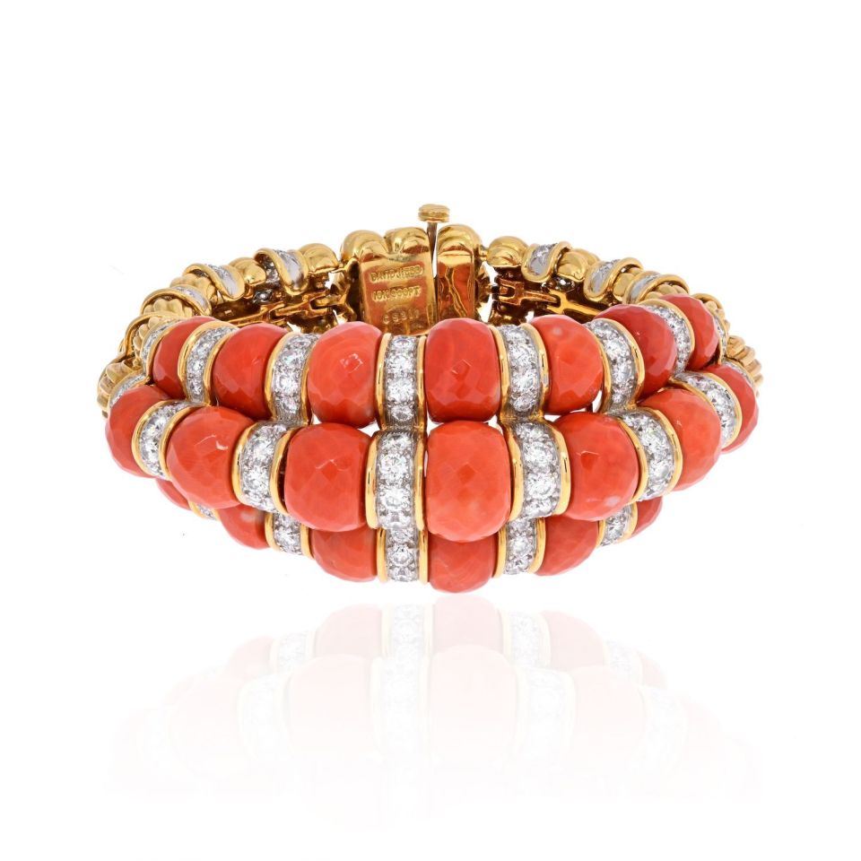 David Webb Platinum & 18K Yellow Gold Faceted Coral And Diamond Bracelet - The Back Vault