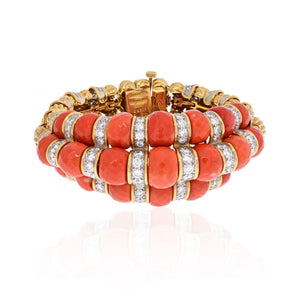 David Webb Platinum & 18K Yellow Gold Faceted Coral And Diamond Bracelet