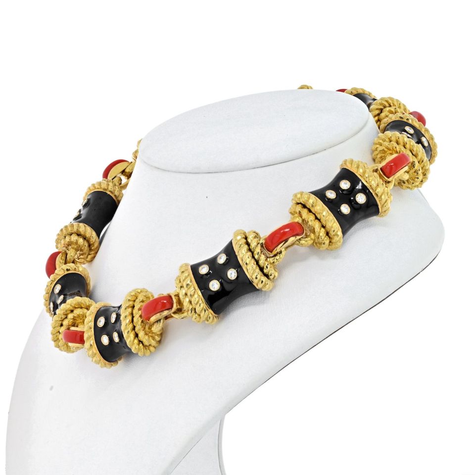 David Webb Platinum & 18K Yellow Gold Coral, Diamonds, Black Enamel Necklace - The Back Vault