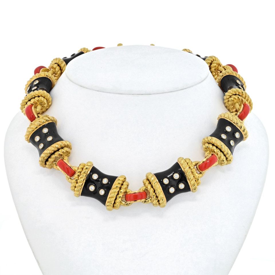 David Webb Platinum & 18K Yellow Gold Coral, Diamonds, Black Enamel Necklace - The Back Vault