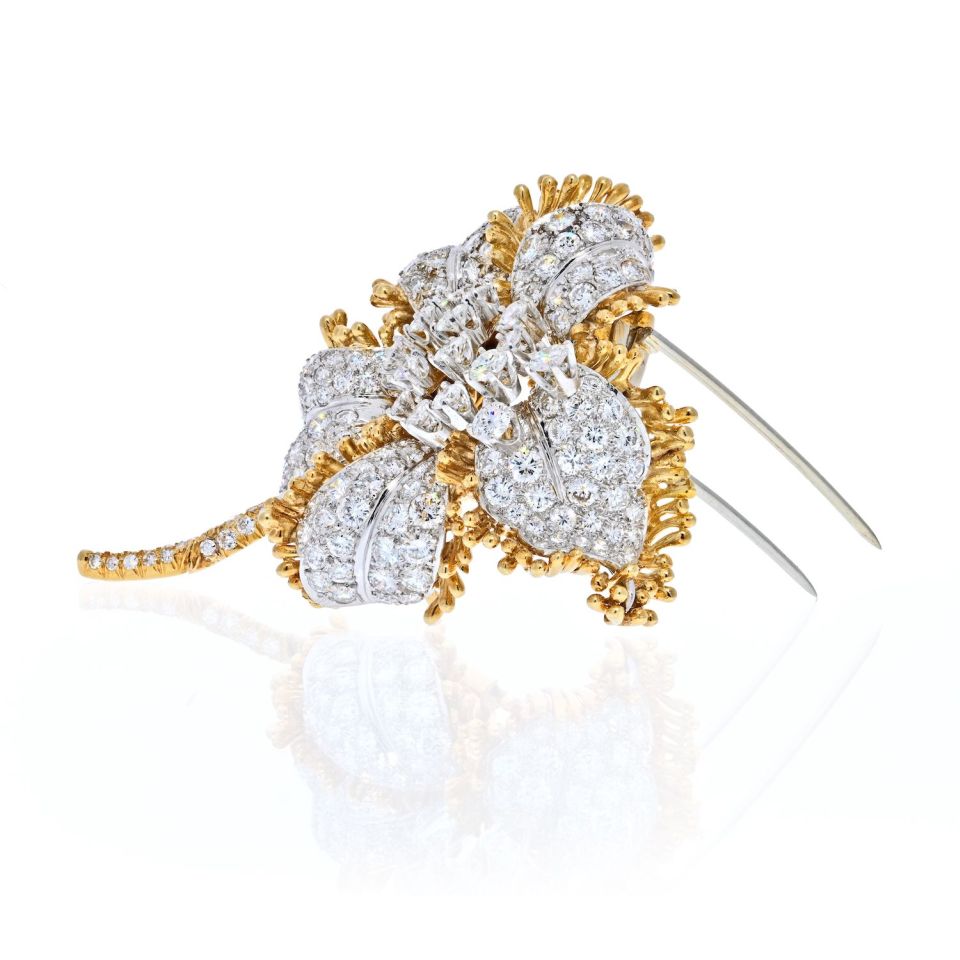 David Webb Platinum & 18K Yellow Gold Tremblant Diamond Flower Brooch - The Back Vault