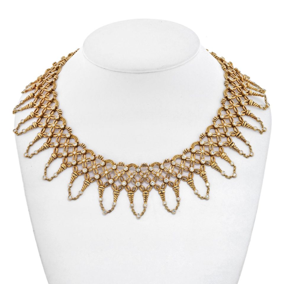 18K Yellow Gold 16 Carats Diamond Collar Bib Necklace - The Back Vault