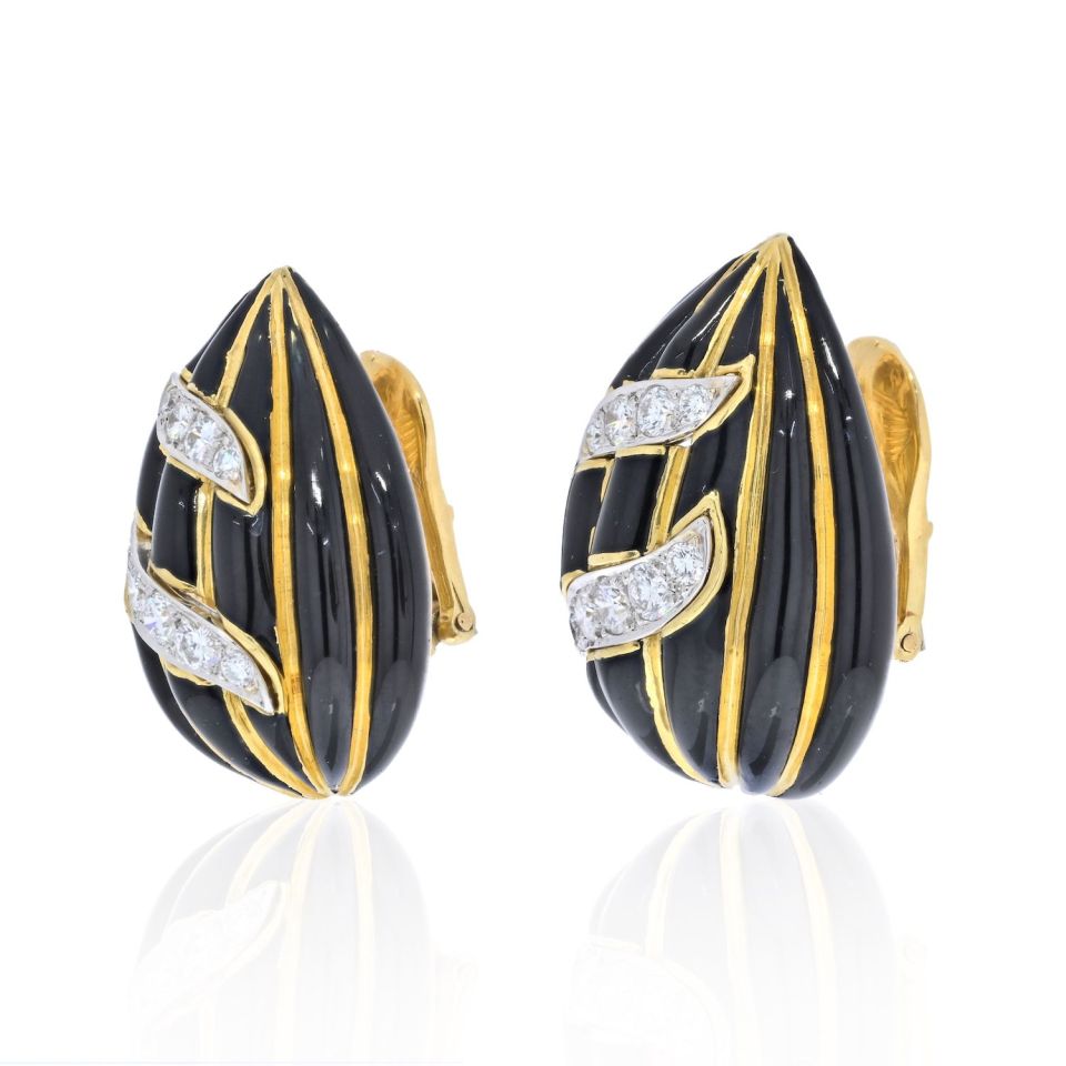 David Webb 18K Yellow Gold Black Enamel And Diamond Tear Drop Earrings - The Back Vault