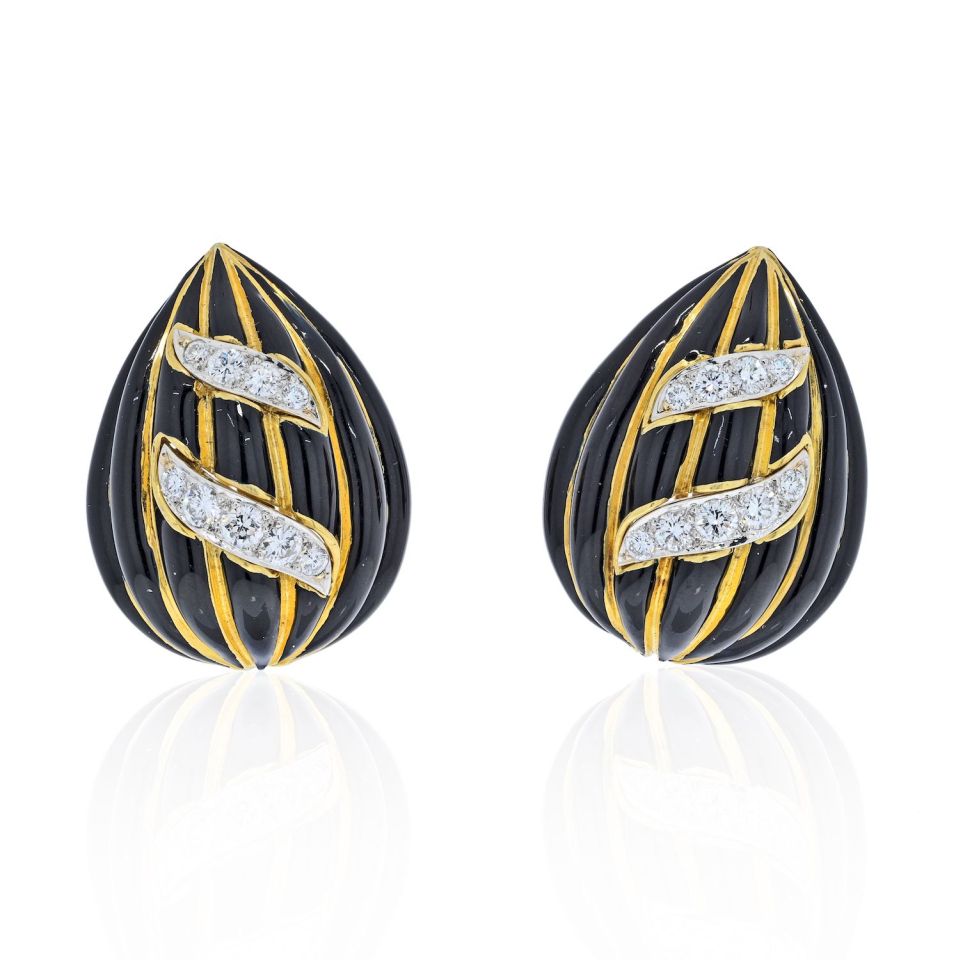 David Webb 18K Yellow Gold Black Enamel And Diamond Tear Drop Earrings - The Back Vault