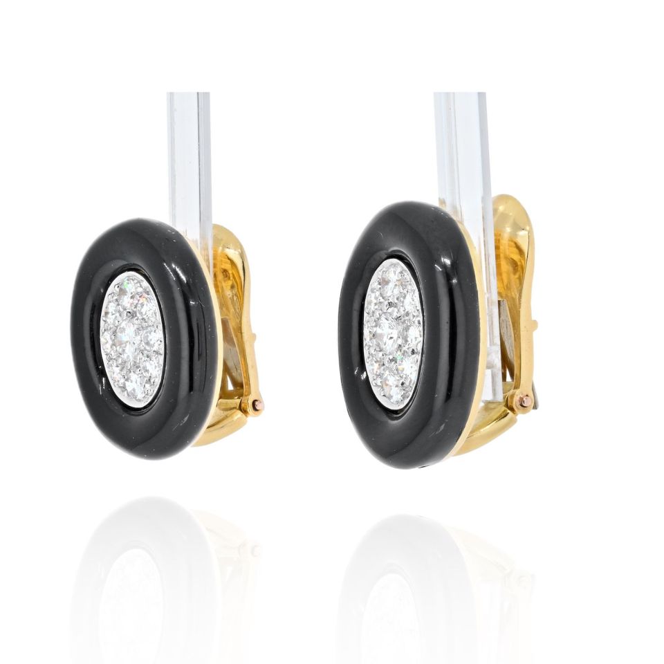 David Webb Platinum & 18K Yellow Gold Black Enamel And Diamond Clip Earrings - The Back Vault