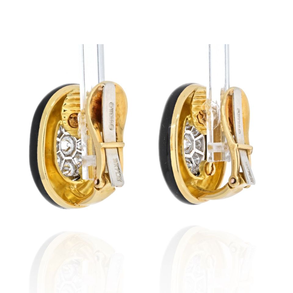 David Webb Platinum & 18K Yellow Gold Black Enamel And Diamond Clip Earrings - The Back Vault