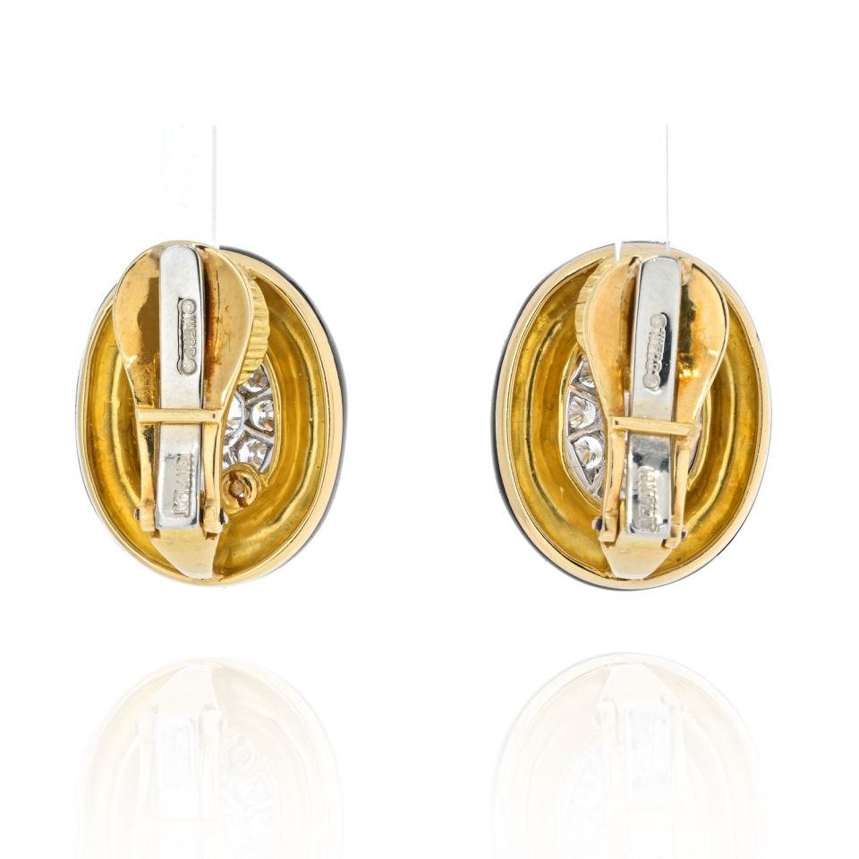 David Webb Platinum & 18K Yellow Gold Black Enamel And Diamond Clip Earrings - The Back Vault