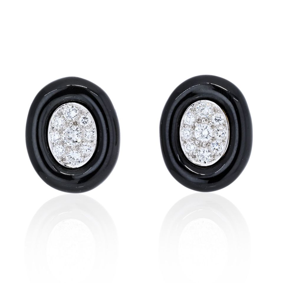 David Webb Platinum & 18K Yellow Gold Black Enamel And Diamond Clip Earrings - The Back Vault