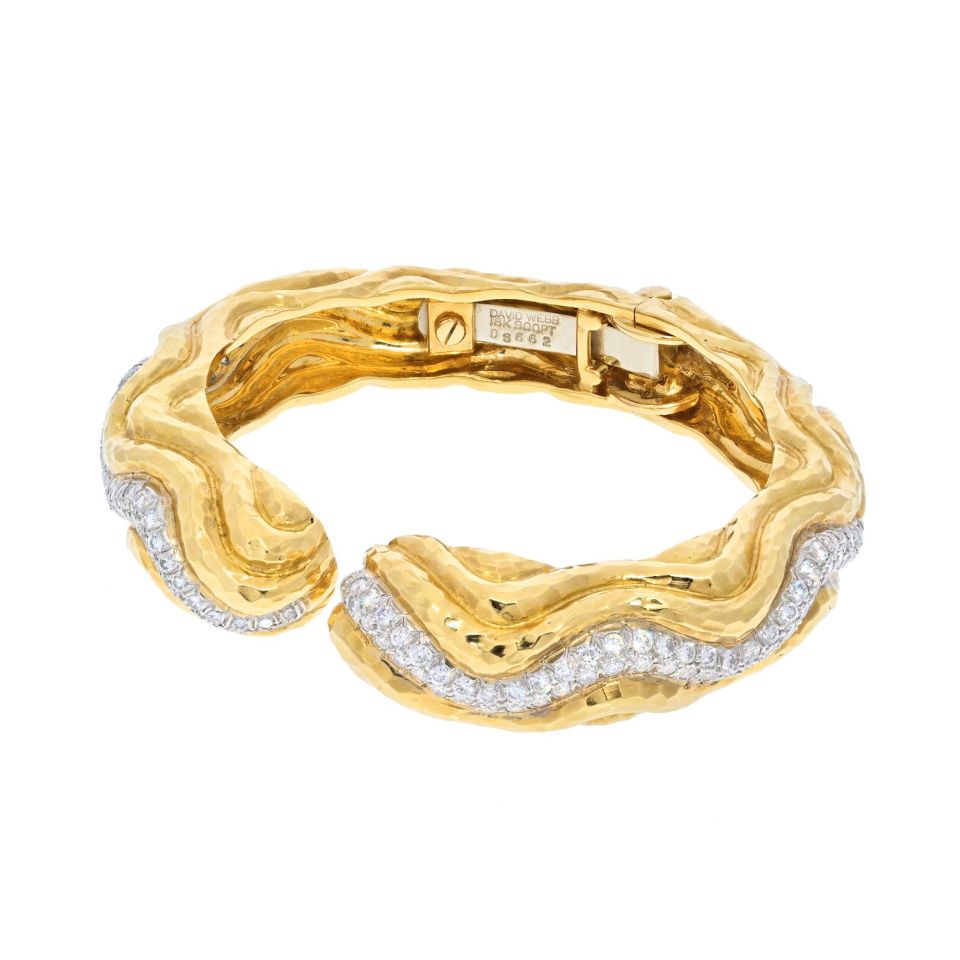 David Webb Platinum & 18K Yellow Gold Rigid Diamond Wave Cuff Bracelet - The Back Vault