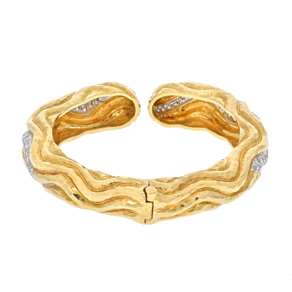 David Webb Platinum & 18K Yellow Gold Rigid Diamond Wave Cuff Bracelet - The Back Vault