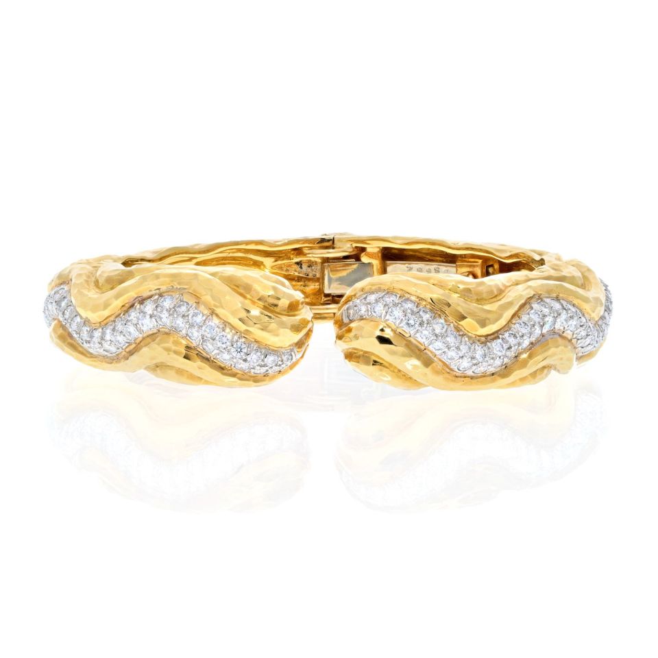 David Webb Platinum & 18K Yellow Gold Rigid Diamond Wave Cuff Bracelet - The Back Vault