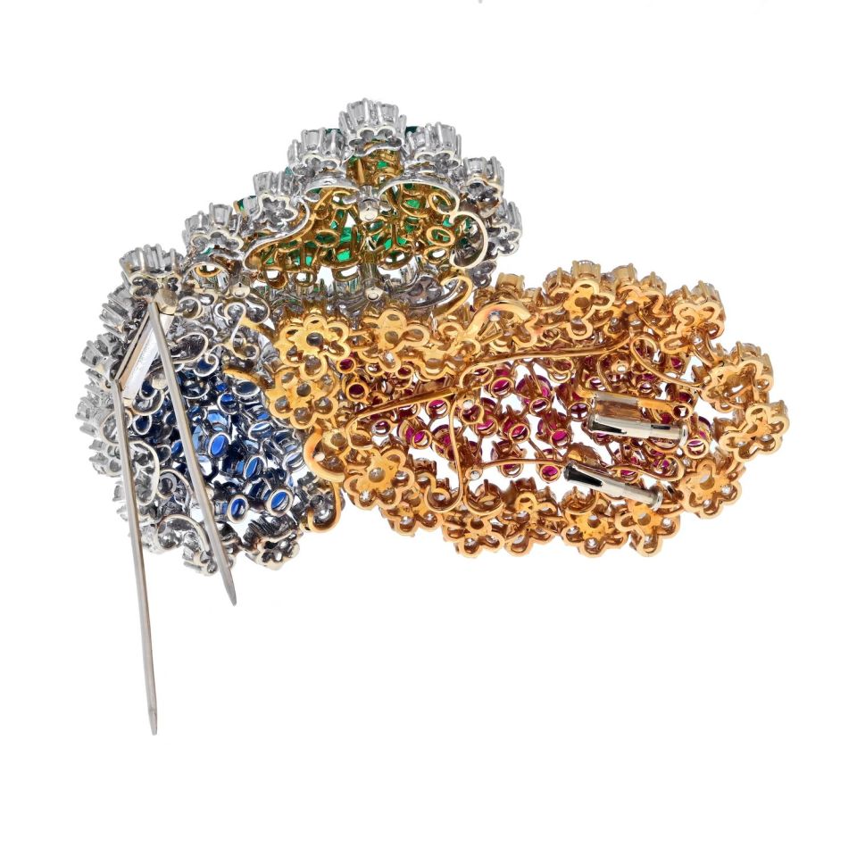 18K Two Tone Oversized Sapphire, Ruby, Emerald And Diamond Brooch - The Back Vault