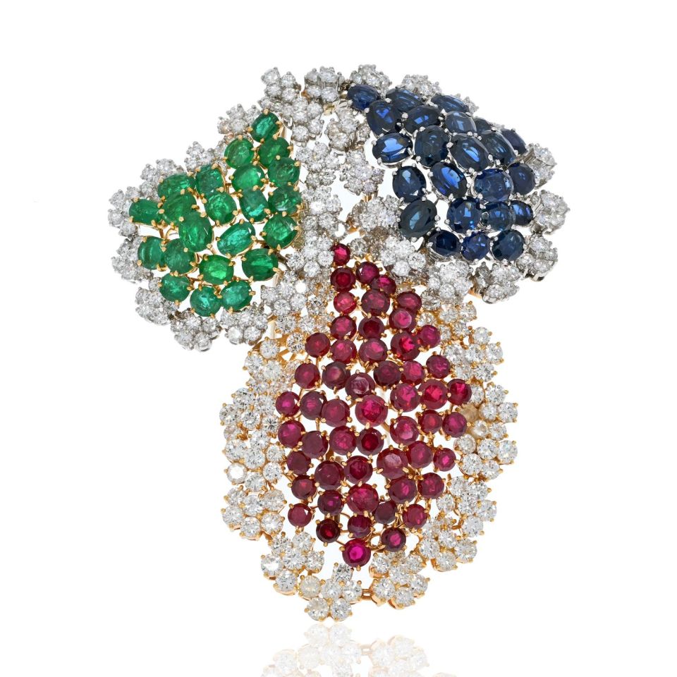 18K Two Tone Oversized Sapphire, Ruby, Emerald And Diamond Brooch - The Back Vault