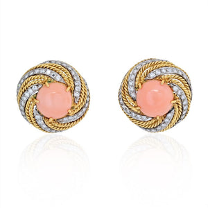 18K Yellow Gold Coral And Diamond Swirl Bombe Earrings