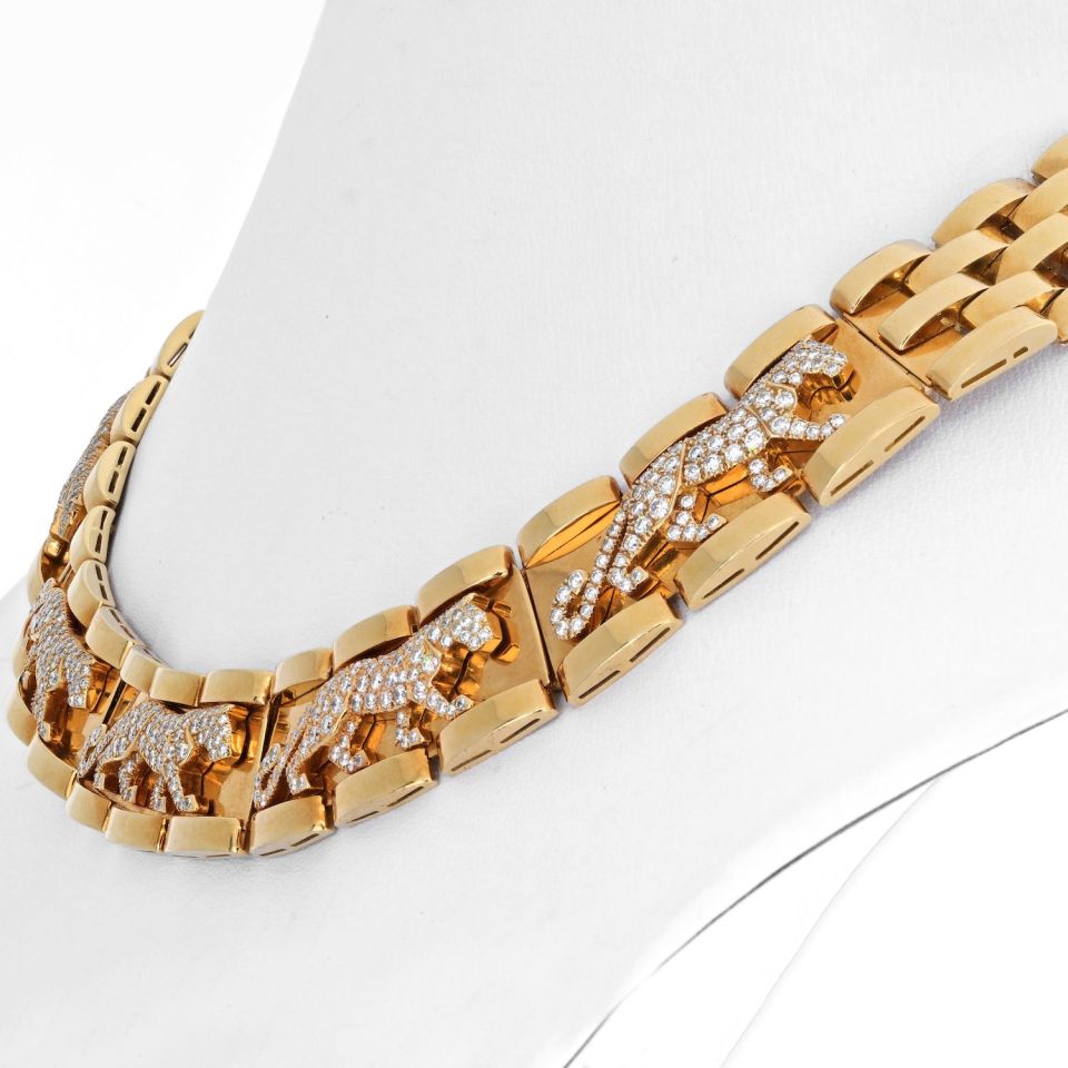 Cartier 18K Yellow Gold Mahango Walking Panthere Diamond Collar Necklace - The Back Vault