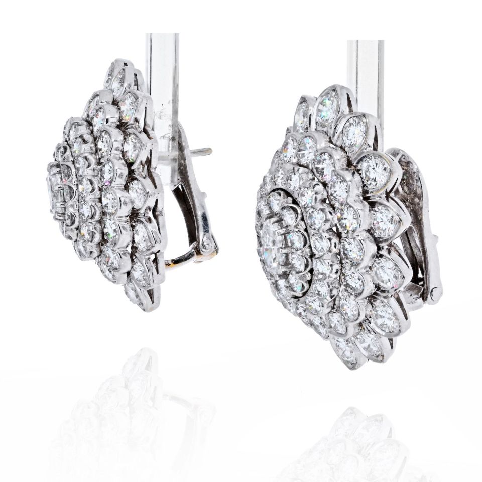 David Webb Platinum & 18K White Gold Oval And Round Cut Diamond Cluster Earrings - The Back Vault