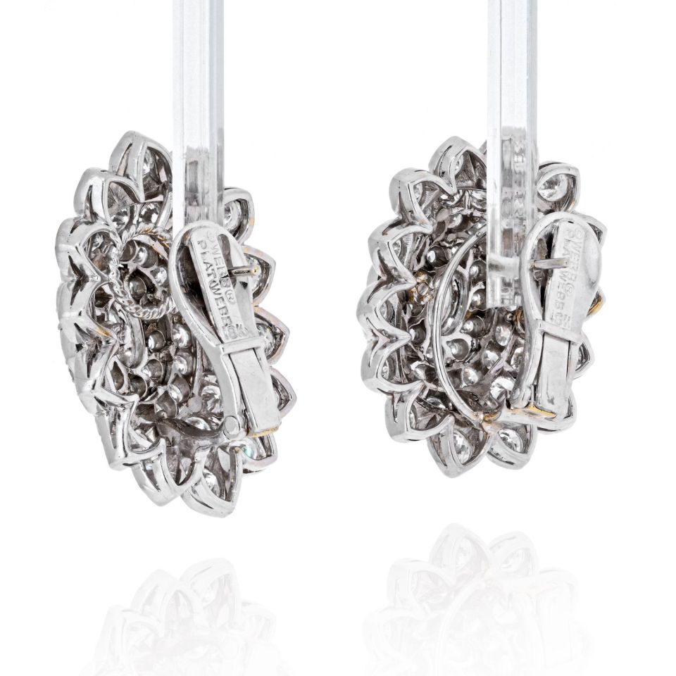 David Webb Platinum & 18K White Gold Oval And Round Cut Diamond Cluster Earrings - The Back Vault