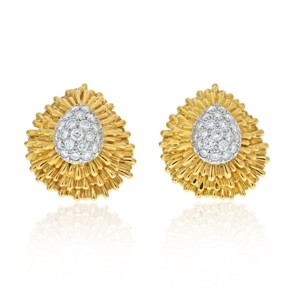 David Webb Platinum & 18K Yellow Gold Diamond Clip Earrings - The Back Vault