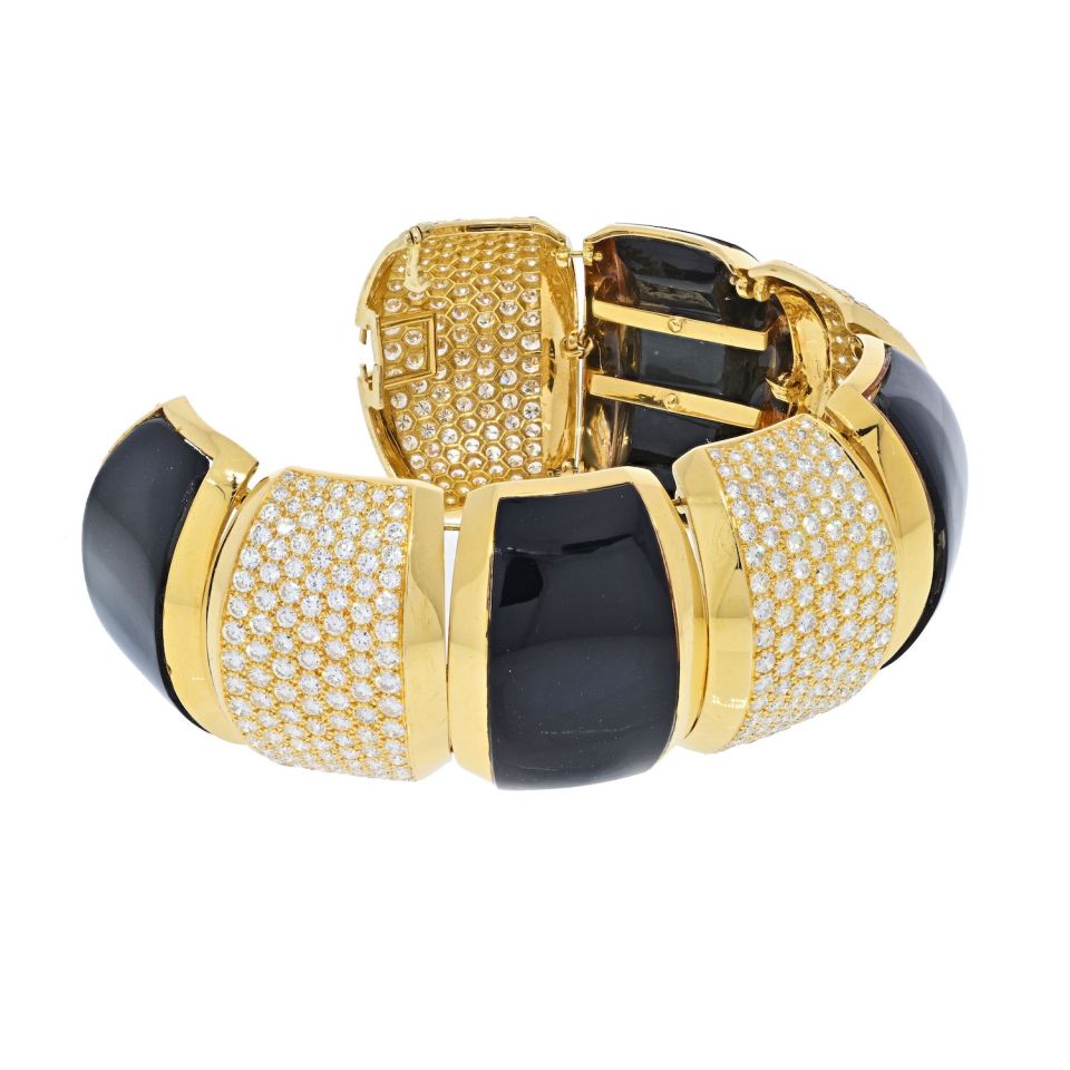 Hammerman Brothers 18K Yellow Gold 26 Carat Black Agate Large Bangle Bracelet - The Back Vault