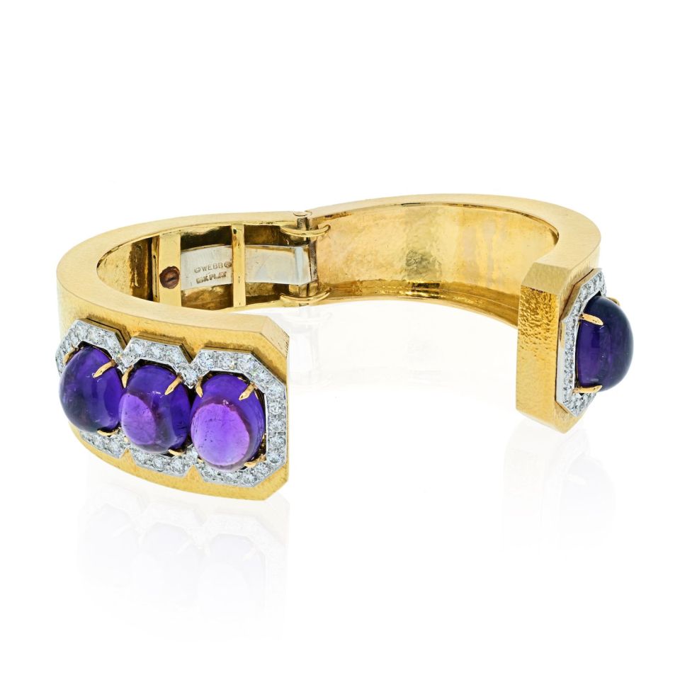 David Webb Platinum & 18K Yellow Gold Cabochon Amethyst And Diamond Cuff Bracelet - The Back Vault