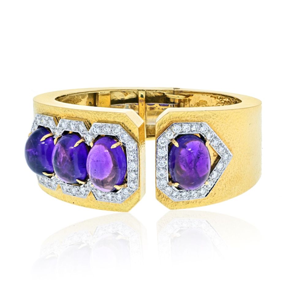 David Webb Platinum & 18K Yellow Gold Cabochon Amethyst And Diamond Cuff Bracelet - The Back Vault