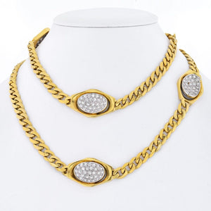 18K Yellow Gold Curb Link Diamond Stations Estate Chain Necklace