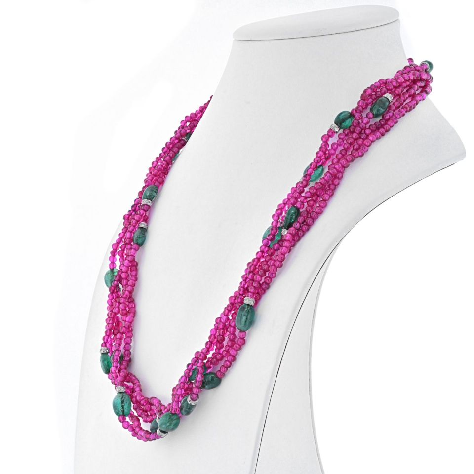 David Webb 18K White Gold 5 Strand Of Ruby And Sapphires Necklace - The Back Vault