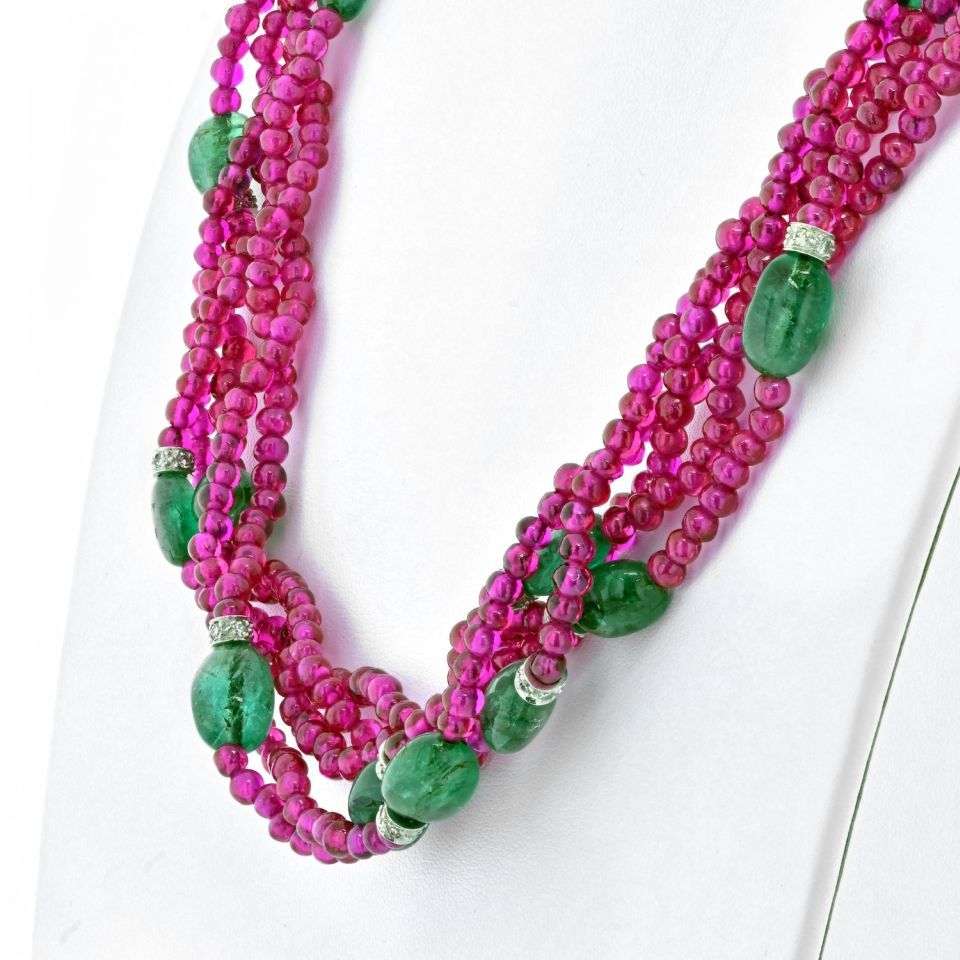 David Webb 18K White Gold 5 Strand Of Ruby And Sapphires Necklace - The Back Vault