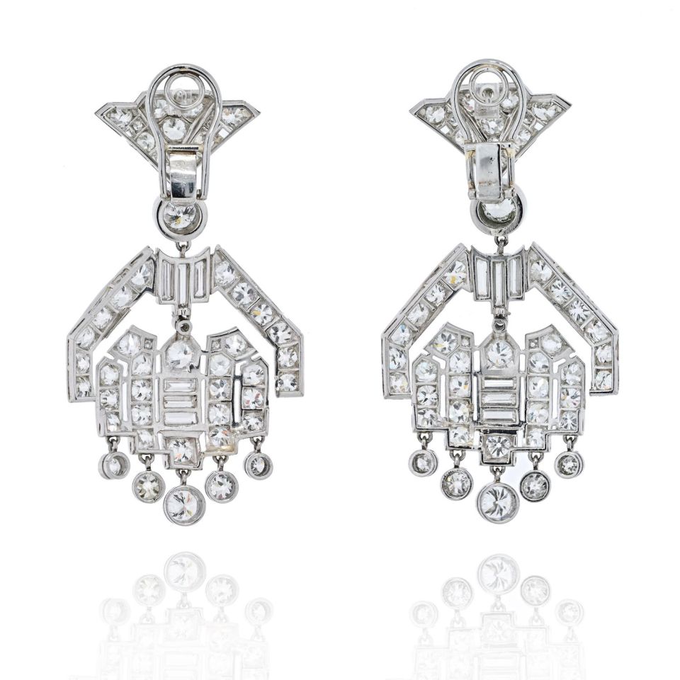 Platinum Diamond Deco Dangling Drop Earrings - The Back Vault