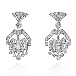 Platinum Diamond Deco Dangling Drop Earrings