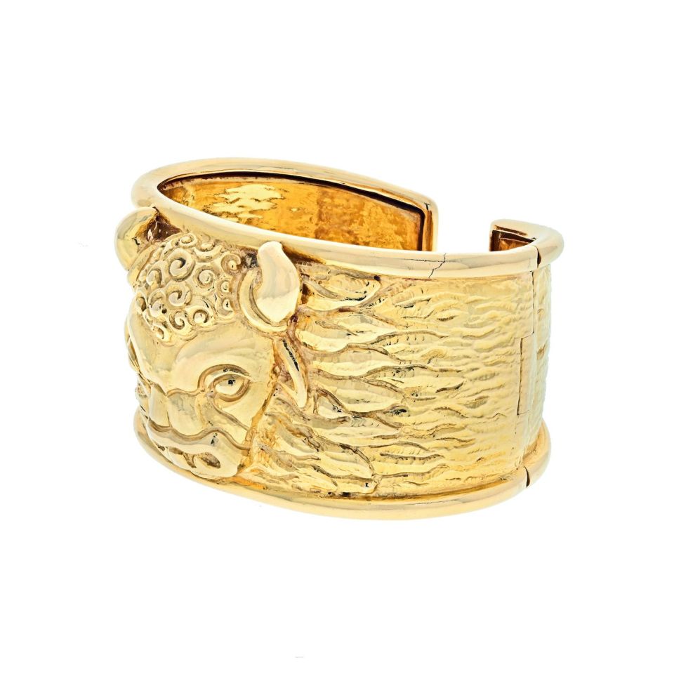 David Webb 18K Yellow Gold 1979 Taurus Bull Hinged Wide Cuff Bracelet - The Back Vault