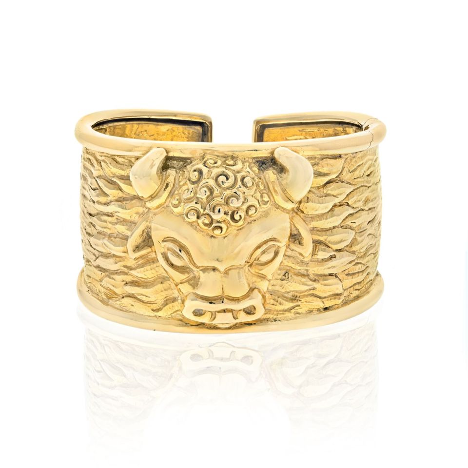 David Webb 18K Yellow Gold 1979 Taurus Bull Hinged Wide Cuff Bracelet - The Back Vault