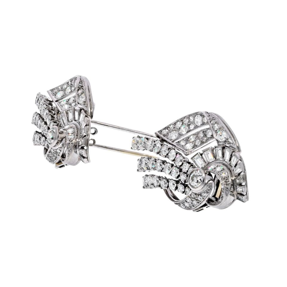 Platinum 1940's Old Cut, Baguette Fan Style Double Clip Brooch - The Back Vault