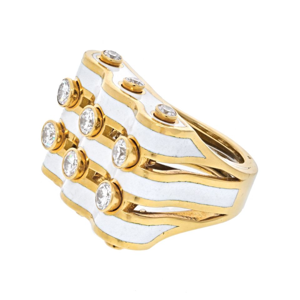 David Webb Platinum & 18K Yellow Gold White Enamel Diamond Ring - The Back Vault