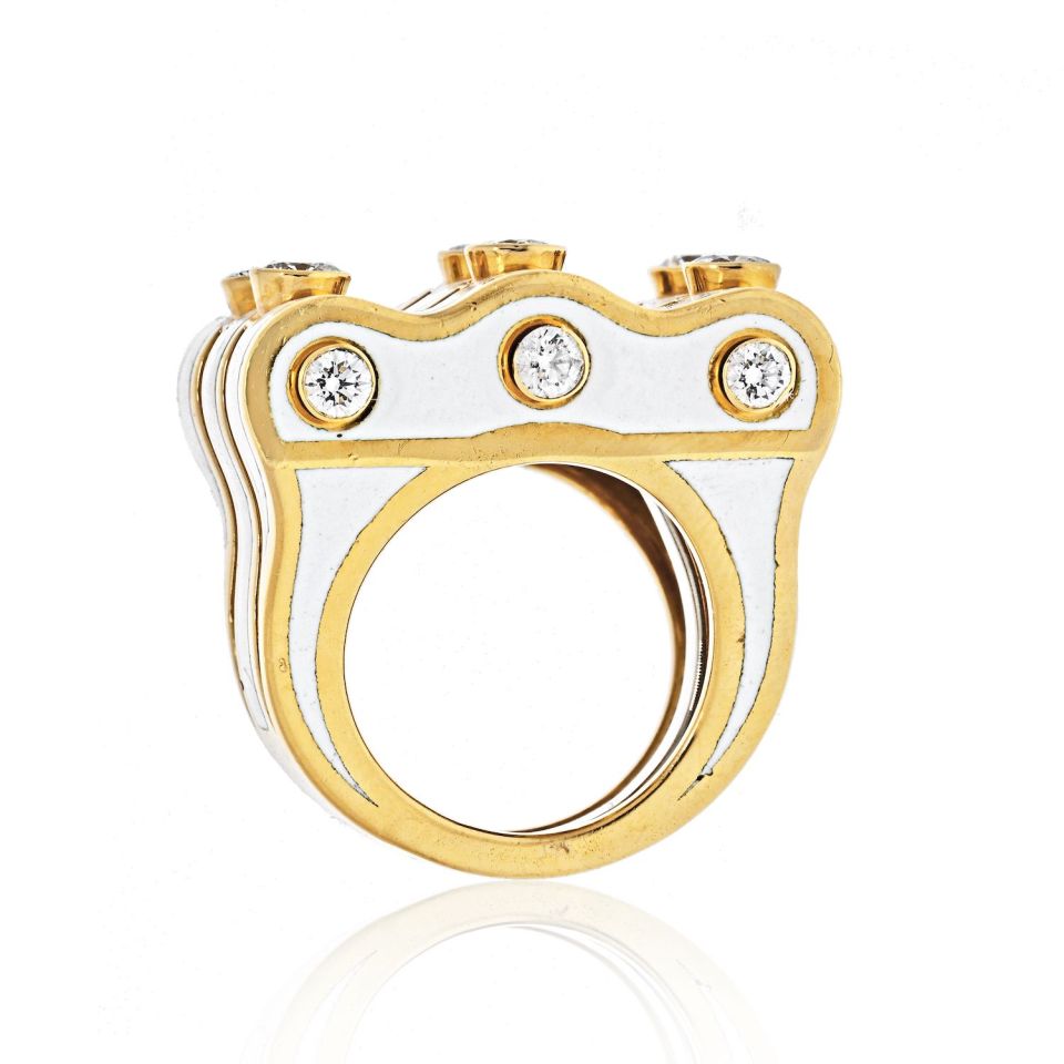 David Webb Platinum & 18K Yellow Gold White Enamel Diamond Ring - The Back Vault