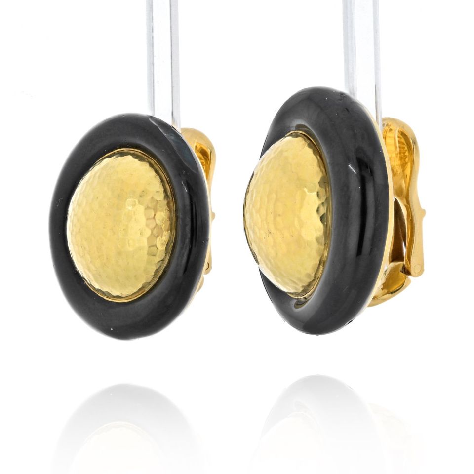 David Webb Platinum & 18K Yellow Gold Hammered Gold And Black Enamel Clip Earrings - The Back Vault