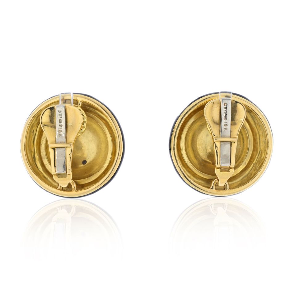 David Webb Platinum & 18K Yellow Gold Hammered Gold And Black Enamel Clip Earrings - The Back Vault