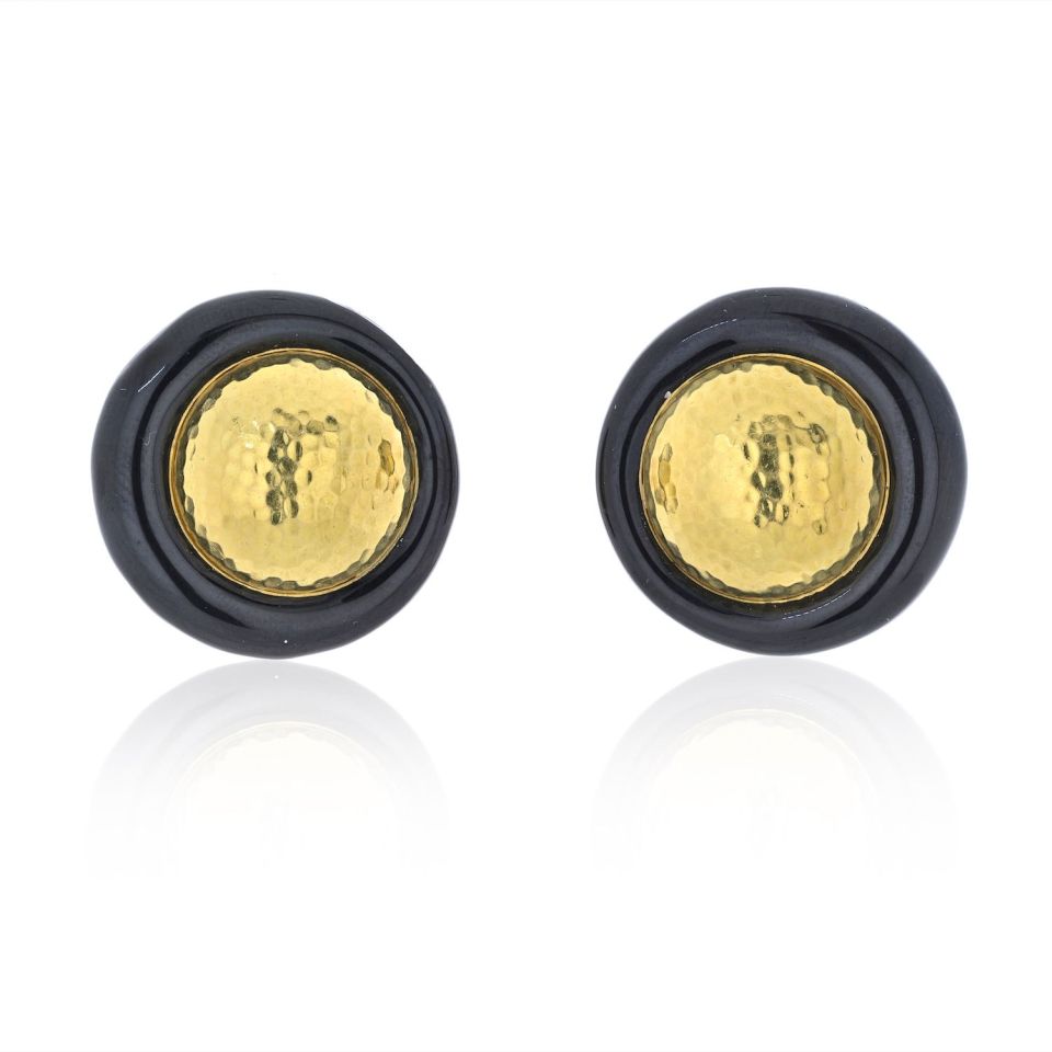 David Webb Platinum & 18K Yellow Gold Hammered Gold And Black Enamel Clip Earrings - The Back Vault